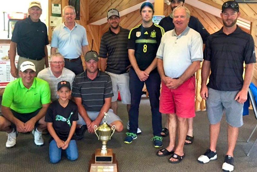 Brookfield Golf Club evened the Shaw Cup series at 9-9-1 with a convincing win on home soil over Fox Hollow. Members of the winning team are, kneeling, from left, Mike Penny, Derek Meek, Nicholas Penny and Ryan Sutherland; standing, from left, Robert Putnam, Ted Sodero, Darren Peterson, Dane Henderson, Dave Wright, Mike Henderson and Cory Sutherland. Missing are Patrick Stewart and Darrell Penney.