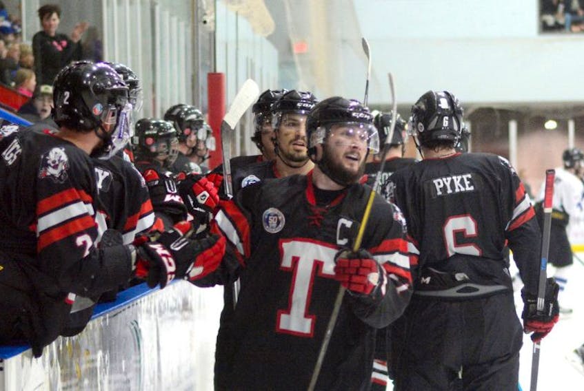 Bearcats captain Kyle Tibbo celebrates his game-winning goal on Saturday at the Amherst Stadium. Tibbo notched a power-play marker with 3:25 remaining to give Truro a 3-2 victory.