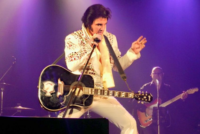 No, that isn’t Elvis. Dressed to the nines in a Presley-inspired outfit, Thane Dunn performs his tribute act to the King of Rock ’n’ Roll with his Cadillac Kings.