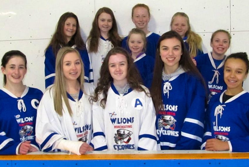 The following hockey players, representing five families, play in next week’s local female hockey tournament. Front row, from left, Olivia Gourley, Taylor Fancy, Shawndelle Fancy, Katrina Bagnell and Willa Evans. Middle row, Kori Griffen. Back row, Monique Gourley, Trinity Fancy, Baillie Griffen, Brooklyn Bagnell-Lauther and Lucy Evans.