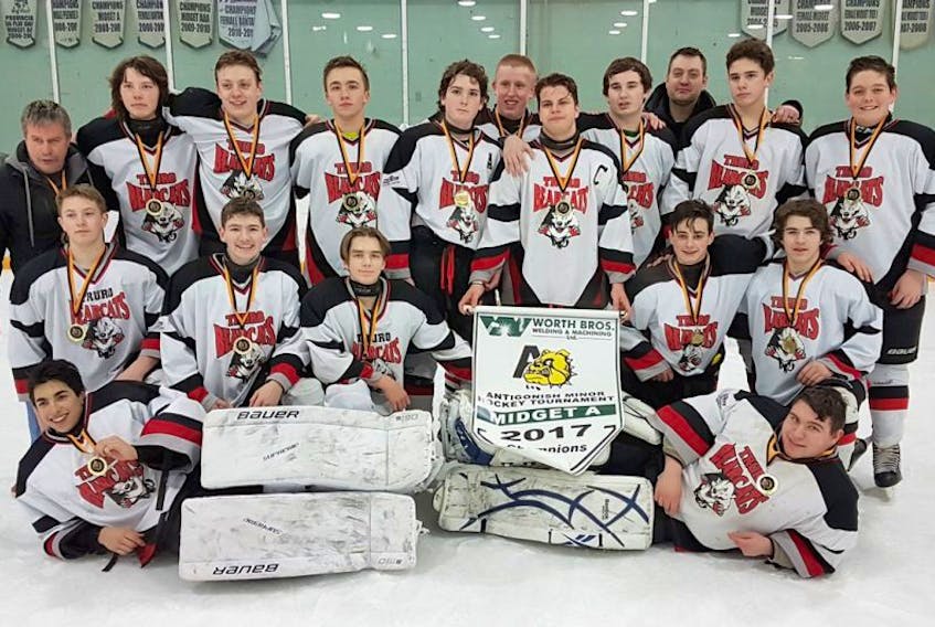 The Jim Smith Electric Truro Midget A Bearcats won a tournament in Antigonish last weekend. Members of the team are, first row, from left, Adam Nisar and Jason Munro; second row, Cameron MacDonald, Nick Levangie, Kaleb Johnstone, Dante Coulter and Jeremy O'Connell; third row, Rick Munro, Aidan Rann, Jack Beselt, Brady LeBlanc, Dawson Briggs, Chris Joudrey, Blake Terry, Ryan Power, Stuart Beselt, Ryan Brule and Jayden MacKenzie. Absent are Jake Hiscock and Merlyn Smith.