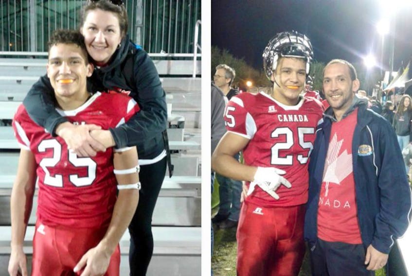 Riley Gabriel with his mom Amanda and his dad Adam at the U18 football North America Championship in Orlando, Fla.