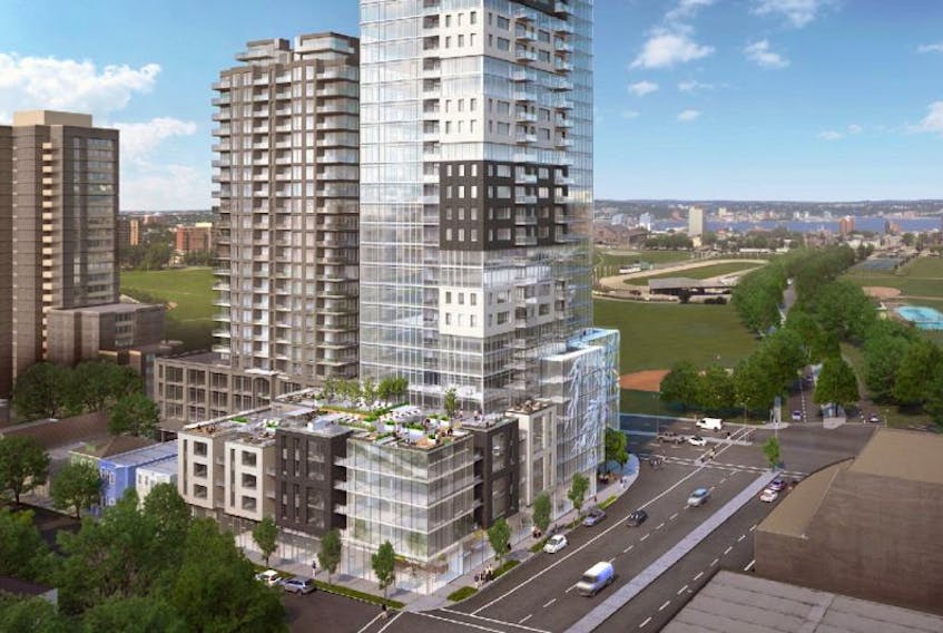 A rendering showing the proposed APL tower development at Quinpool and Robie.
