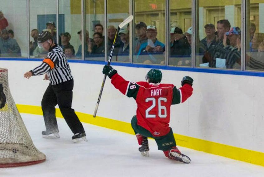 Gavin Hart, of Bible Hill, celebrates his first period goal at the East Hants Sportsplex on Wednesday.