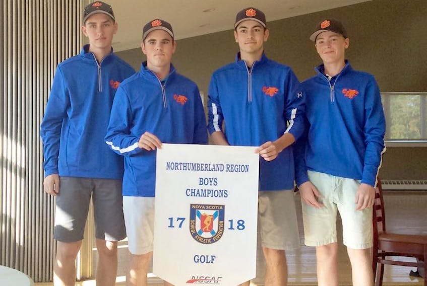 The Cobequid Cougars boys’ golf team competed against six other high schools at the Truro Golf Club and brought home the Nova Scotia School Athletic Federation Northumberland region banner on Monday. From left are team members Carter McNutt, Connor MacKay, Isaac MacNaughton and Sam Stoddard.