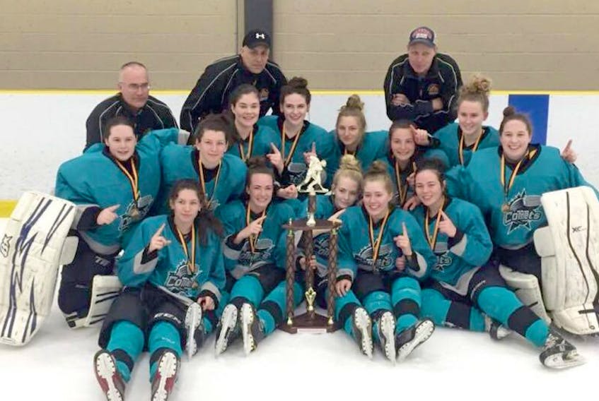 The Comets won the Nova Scotia Female Prospect Series hockey championship with a 3-2 triple-overtime win over the Flash in the final. Members of the team are, first row, from left, Denver Fraser, Kara-Lynn MacDonald, Madelyn Phillips, Katelyn Dunn and Holly Masters; second row, Katie Henderson, Gabrielle Fraser, Amy Murdock, Kelsey Dinaut, Haylee Harrison, Mykaela Sherry, Beth Murray and Erin Sullivan; third row, coaches Lowell Sherry, Rob Phillips and Ken Dyas.