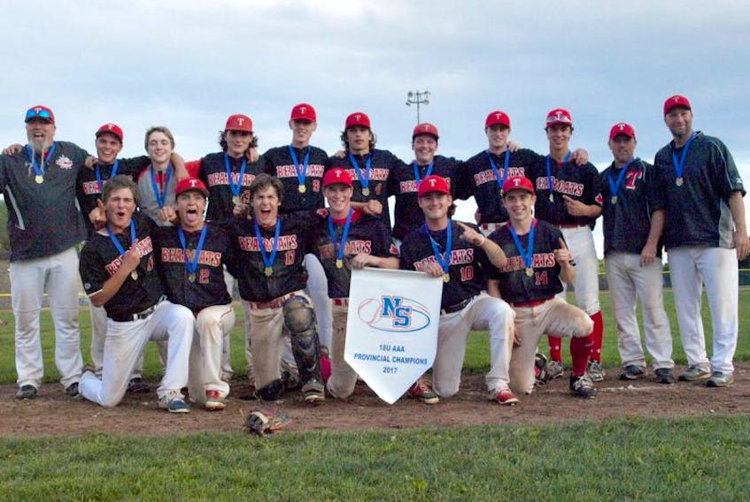 The Truro Bearcats won the Nova Scotia under-18 AAA baseball title after a 6-4 win over the Kentville Wildcats in the final. Members of the team are, front row, from left, Josh Calder, Nate Stone, Mats Stone, Justin Ferguson, Chandler MacKinnon and Connor Angers. Second row, assistant coach Curtis Briggs, Lucas Watson, Zack Betts, Dawson Briggs, Connor Irwin, Jackson Haight, Mackie Marquis, Dan Chisholm, Luke Smith, assistant coach Dean Angers and head coach Greg Marquis.