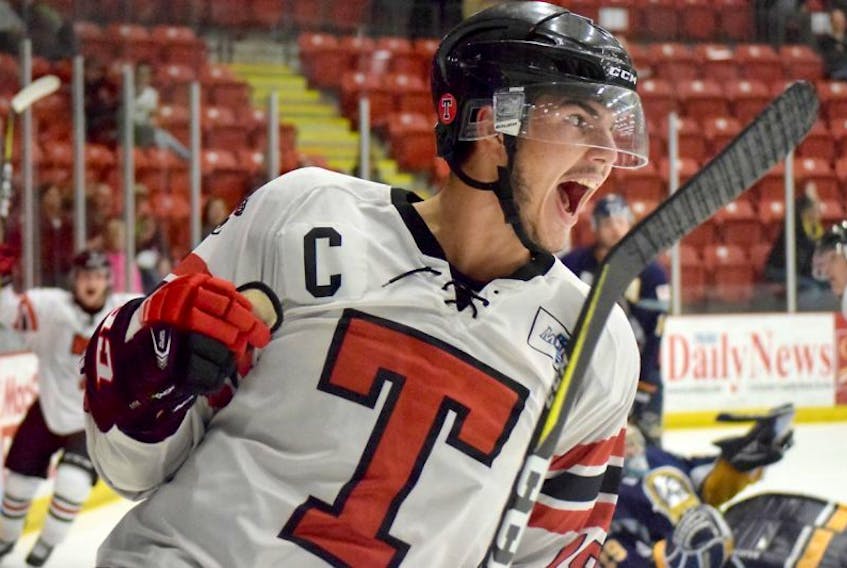 Truro Bearcats captain Campbell Pickard celebrates after scoring his second goal of the game against the Yarmouth Mariners on Friday. Pickard scored four goals in the contest to lead the Bearcats to a 6-3 win.