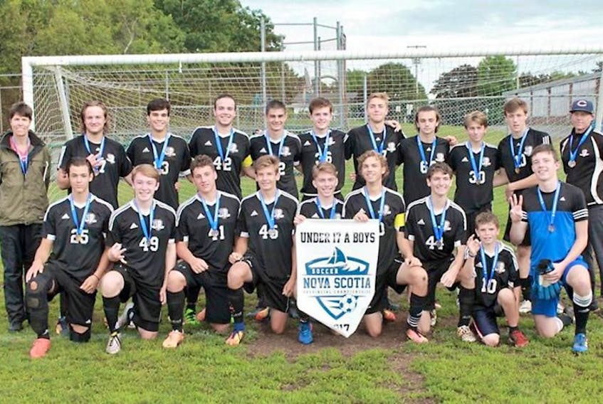 The CC Riders were crowned Nova Scotia U17A champions after a 1-0 win over Cole Harbour in the gold-medal game. Members of the Riders are, front row, from left, Ethan Dahr, Zach Richards, Michael Adams, Cameron Degroot, Graham Thurston, Riley MacLeod, Nick Levangie, team assistant Hunter Sill and Calem MacLeod. Second row, assistant coach Darlene McEachren, Cody Patriquin, Taryn Gould, Adam McEachren, Brody Schmitt, Ian Wheeler, Riley McEachren, Drew Mumford, Ben Lauther, Alex Currie, and coach Russ Lauther.