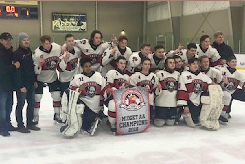 The Truro Bearcats midget AA team won the Moncton Challenge Cup tournament. The Bearcats skated to a 3-1 record and clipped the Cole Harbour Wings in a shootout in the final. Members of the team are, front row, from left, Levi Clements, Mackenize Archibald, Kaleb Johnstone, Blake Terry, Riley Masters, Andrew Juliusson, Daniel Sampson and Nick Levangie; second row, Luciano Fagioli, Todd Mackinnon, Eric MacMillan, Ewan MacKinnon, Adam MacKinnon, Jonathon MacMillian, Sam Stoddard, Jack Beselt, Daniel Mackenize, Morgan MacPhee and Ed MacMillian.