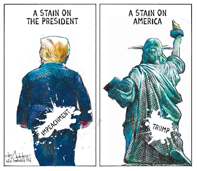 Michael de Adder cartoon for Dec. 19, 2019. Trump and impeachment. A stain on Liberty.