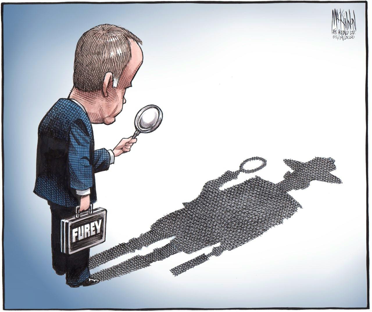 Bruce MacKinnon cartoon for Aug. 14, 2020. Mass shooting, Portapique, public inquiry, Mark Furey, RCMP, conflict of interest