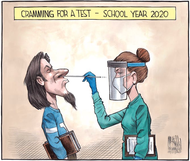 Bruce MacKinnon cartoon for Sept. 3, 2020. Back to school, universities, COVID-19, testing