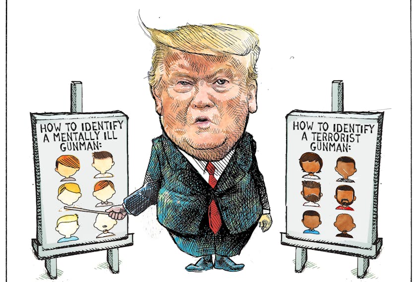 Michael de Adder cartoon for Aug. 6, 2019 re: U.S. mass shootings.