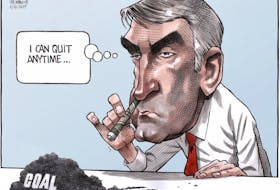 Bruce MacKinnon cartoon for Saturday, Nov. 2, 2019, showing Stephen McNeil snorting coal dust.