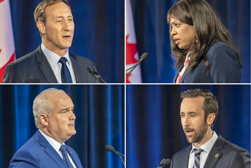 Conservative Party of Canada leadership candidates (clockwise from top left) Peter MacKay, Leslyn Lewis, Derek Sloan and Erin O’Toole during the French-language leadership debate in Toronto on June 17, 2020.