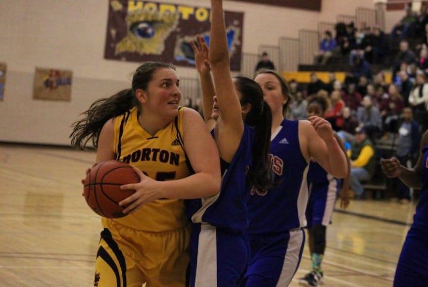 Horton's Maria Rodrigues was a force under the basket in her team's 74-63 semifinal win over Cole Harbour at the D-1 girls' basketball provincials March 6 in Greenwich. Rodrigues finished with 16 points and added numerous rebounds.