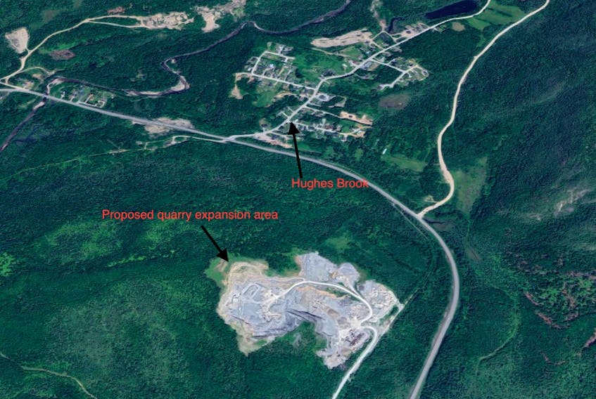 This satellite image taken from Google maps shows the proximity of the Baker's Brook quarry to the town of Hughes Brook less than one kilometre away. CONTRIBUTED