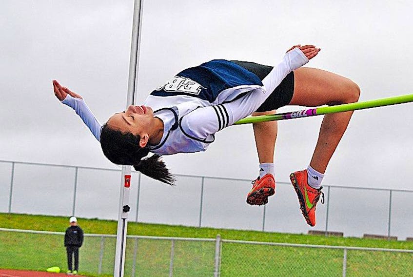 Mehkya Blanch of E.B. Chandler Junior High (shown during the district meet in Stellarton) won silver in the junior girl’s high jump at the NSSAF Provincial Track and Field Championships in Dartmouth during the weekend.