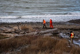 Searchers scour the shore while conducting a search for the 5 remaining crew members of the Chief William Saulis, which sank yesterday...seen near Parker's Cove, NS Wednesday December 16, 2020.

TIM KROCHAK PHOTO 