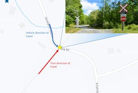 A woman was seriously injured on July 29, 2019, when the SUV she was driving was struck by a train at this crossing in Oakfield, Halifax County. - Transportation Safety Board