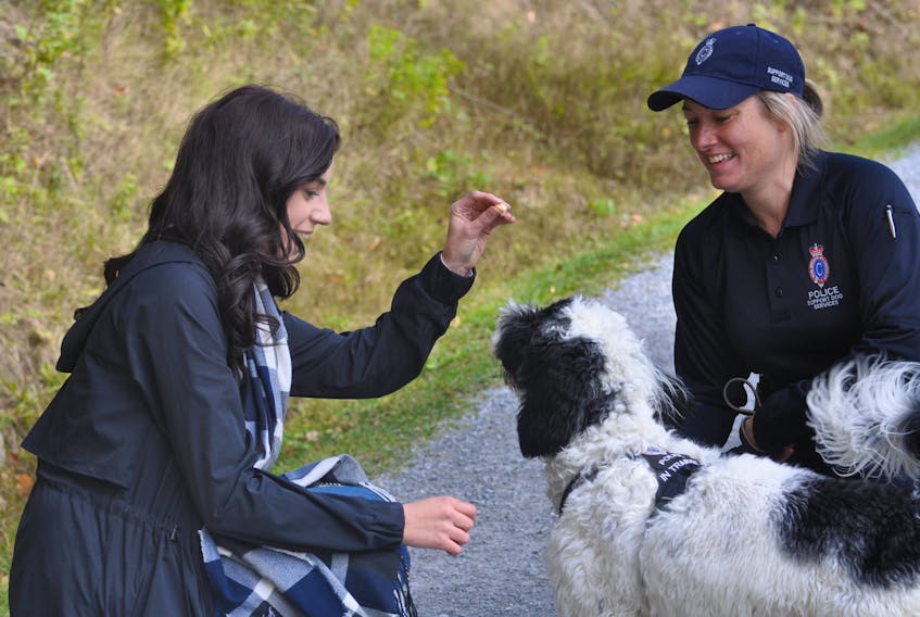 Katelyn Connolly (left) was only too happy to interrupt her walk along the Corner Brook Stream Trail in Margaret Bowater Park on Wednesday to meet and give a treat to RNC police support dog Stella. Stella and her handler, RNC Const. Krista Fagan, are in Corner Brook this week to meet with community groups and other officials to let people know about the work Stella does.