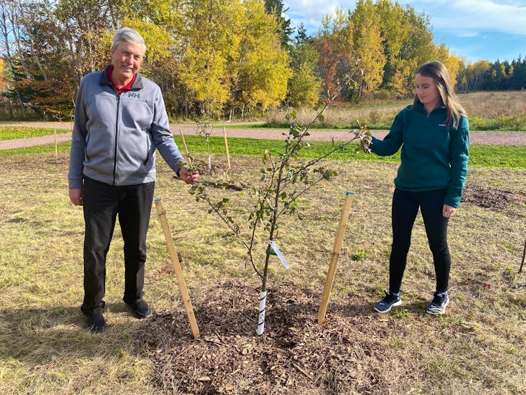 Stratford Mayor Steve Ogden and Emily Vanlderstine, co-ordinator of the Stratford Area Watershed Improvement Group, were among those who helped plant the trees that are part of the edible orchard at Fullerton’s Creek Conservation Park. 