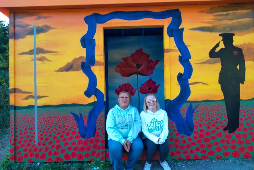 Gloria Scott (left) and Amber White are among the dozens of volunteers who have committed to painting the bus shelters in Triton as a way to brighten the community. Photo contributed by Gloria Scott. 