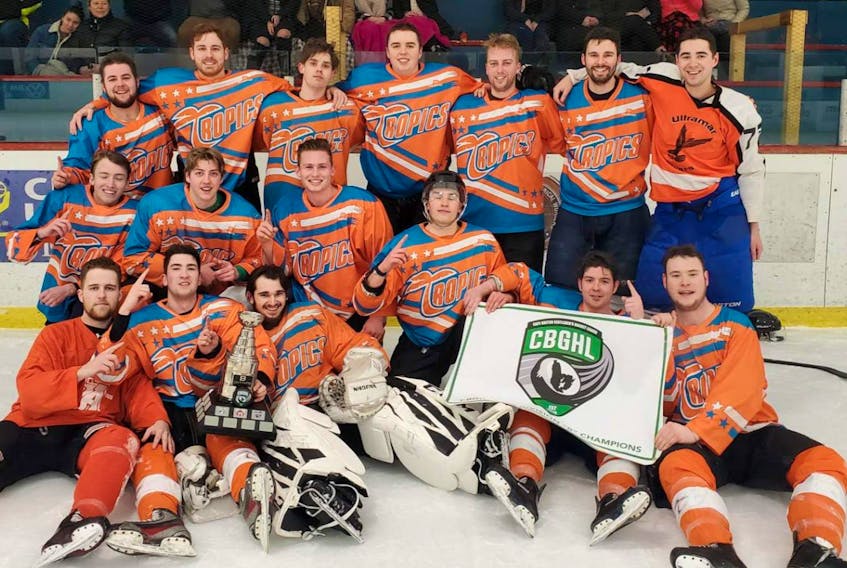 The Tropics were victorious in winning their first-ever Cape Breton Gentlemen's Hockey League 'B' divsion title in March, defeating the Mercer Fuels Tigers 6-2 in the final game of the championship series. Series information was not provided. Front row, from left, Brandon Jacobs, Ben Gillis, Brad MacQuarrie, Matt MacLeod, and Andre Binns. Middle row, from left, Brendon Smith, Jonathan Drohan, Bill Sommers, and Trenton Gove. Back Row, from left, Logan Shaw, Duncan MacInnis, Nathan Martinello, Jarred Deleskie, Kris Power, Jordan Morash, and Jonathan Cromwell. PHOTO SUBMITTED/MIKE MACDONALD