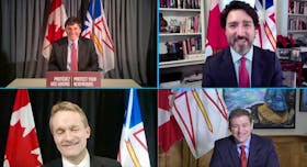 (Clockwise from top left) Federal Intergovernmental Affairs Minister Dominic LeBlanc, Prime Minister Justin Trudeau, Newfoundland and Labrador Premier Andrew Furey, and federal Natural Resources Minister Seamus O'Regan announce an update on rate mitigation negotiations between the two governments Thursday. SCREEN GRAB