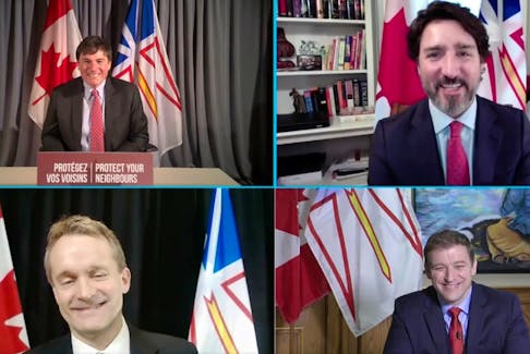 (Clockwise from top left) Federal Intergovernmental Affairs Minister Dominic LeBlanc, Prime Minister Justin Trudeau, Newfoundland and Labrador Premier Andrew Furey, and federal Natural Resources Minister Seamus O'Regan announce an update on rate mitigation negotiations between the two governments Thursday. SCREEN GRAB