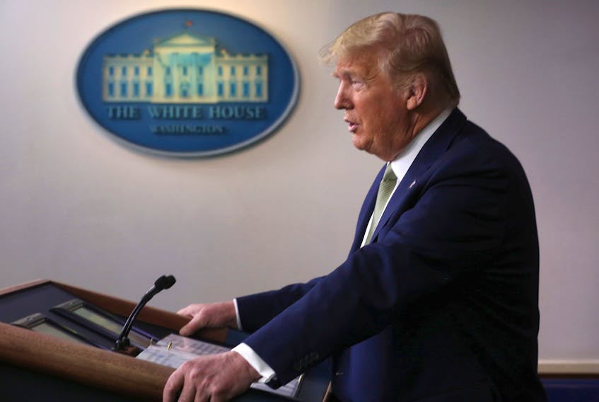 U.S. President Donald Trump addresses the daily COVID-19 briefing at the White House in Washington. On Wednesday he proposed giving taxpayers cash payments that would total US$500 billion and $50 billion worth of loans for U.S. airlines. Jonathan Ernst - Reuters