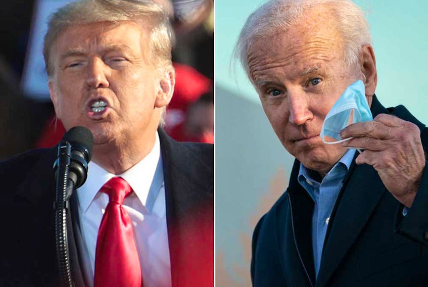 In photos taken on Oct. 30, 2020, U.S. President Donald Trump, left, speaks during a campaign rally in Green Bay, Wis., while Democratic presidential nominee Joe Biden is pictured at a drive-in campaign rally in St. Paul, Min.