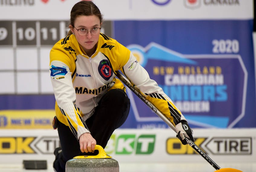 Lead Lauren Lenentine of New Dominion makes a shot for Manitoba during the 2020 New Holland Canadian junior curling championships in Langley, B.C., last week. Curling Canada/Michael Burns