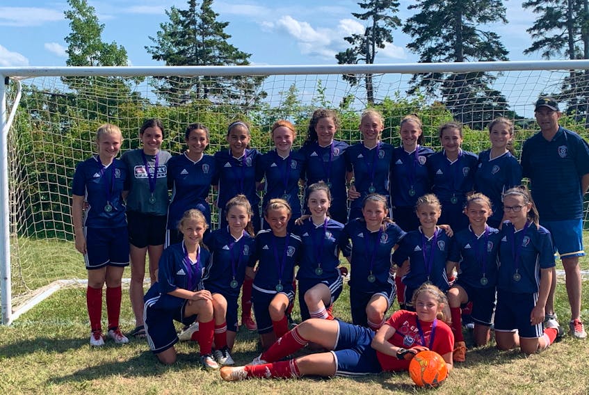 The Summerside United under-13 girls’ Premier team had a silver-medal performance at the Central Queens soccer tournament in Hunter River over the weekend. Summerside team members are, front row, from left: Sydney Cormier. Second row, from left: Abby Simpson, Bree McAlduff, Hudsyn Somers, Elizabeth Smith, Katie-Grace Noye, Annie-Pier Morency, Alivia Johnston and Dru Gillis. Third row: Grace Simmons, Kailyn Gallant, Kennah Brant, Madison Brown, Jorja Shields, Chloe Campbell, Abby Peters, Lauryn Monkley, Quinn Gavin, Brooke Doucet and Jeff Brant (coach). Missing from photo are Ava Pomeroy, Hannah Hardy (assistant coach) and Erica Panter (manager).