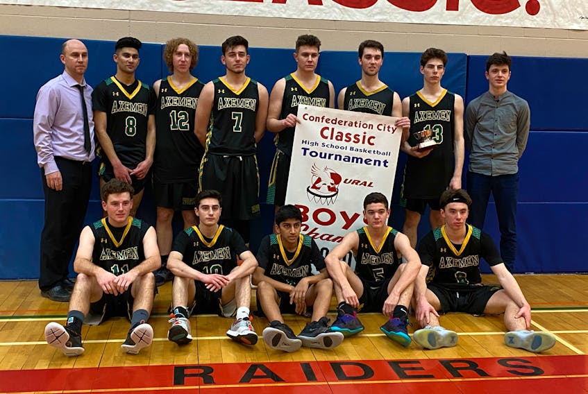 The Three Oaks Team One Axemen defeated the host Charlottetown Rural Raiders 91-73 in the championship game of the Confederation City Classic high school basketball tournament on Saturday. Members of the Axemen are, front row, from left: Justin Caron, Vlersim Musliu, Armaan Singh, Zack Blood and Charlie Turner. Back row: Faro Halupa (coach), Sahib Singh, Jack Somers, Jason Stefanuca, Sean Matheson, Ben MacDougall, Spencer Rossiter and Ryan MacKinnon.