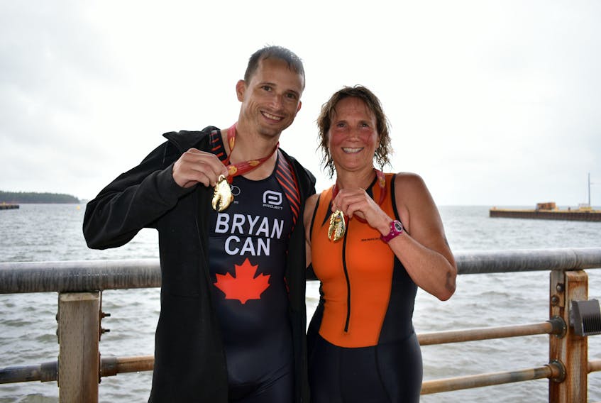 Dave Bryan and Merina Farrell both finished first in their respective age groups for the aquathlon (swim and sprint) in the fifth annual Tri-Lobster triathlon in Summerside on Sunday morning.