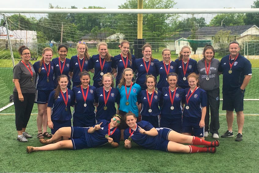 The Summerside United under-18 Premier girls repeated as champions of the Codiac First Touch FC annual tournament on Sunday in Moncton, N.B. Summerside team members are, front row, from left: Hannah LeClair and Brianna McCardle. Middle row: Hilarie Gaudet, Rebecca Proctor, Rene Silliker, Kyrsten Coyle, Abby Christopher, Avery Simpson and Regan Betts. Back row: Michelle Johnson (coach), Liz Mulligan, Jane Gillis, Julia Smith, Paige Lauwerijssen, Ellen Murphy, Ellen Cole, Hayden Chaisson, Brinley Gallant, Emily McKenna and Wade Smith (coach).