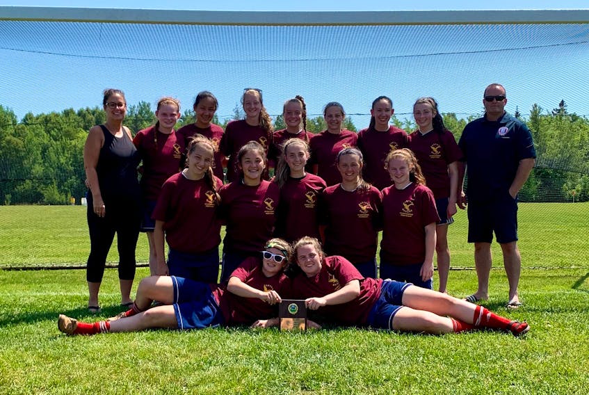 The Summerside United under-18 Premier girls won the Eastern Eagles soccer tournament for the second year in a row on Sunday. Summerside edged Nova Scotia’s Highland FC 3-2 in a shootout. Summerside team members, wearing tournament T-shirts, are, front row, from left: Hannah LeClair and Brianna McCardle. Middle row: Ellen Murphy, Emily McKenna, Kyrsten Coyle, Avery Simpson and Regan Betts. Back row: Michelle Johnson (coach), Liz Mulligan, Jane Gillis, Julia Smith, Katelyn Smith, Hayden Chaisson, Brinley Gallant, Ashlyn Pridham and Wade Smith (coach). Missing from photo are Ellen Cole, Paige Lauwerijssen, Rebecca Proctor and Hilarie Gaudet.