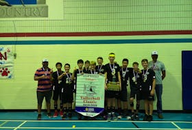 The Queen Charlotte Coyotes captured the 43rd annual Callaghan Boys Volleyball Classic recently. Queen Charlotte defeated the East Wiltshire Team 2-0 (26-24, 25-16) in the championship match. Members of the Coyotes are, from left: Jacob Smith (coach), Amiel Magalong, Brayden Bruce, Zach Harris, Robbie Douglas, Jonah Murphy, Alex Nicholson, Nathan Whitnell, David Wang, Jonah Bowie, Callum Gogswell and Adam Terrio (coach).
