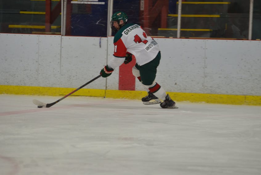 Alex Graham scored a hat trick to lead the Kensington Wild to a 6-3 road win over the Fredericton Caps in the New Brunswick/Prince Edward Island Major Midget Hockey League on Sunday afternoon.