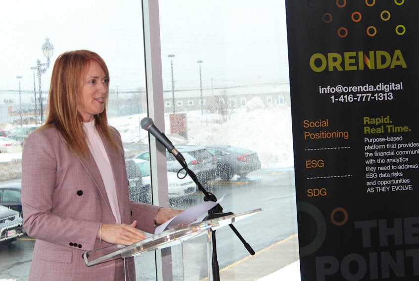 Tanya Seajay of Orenda Software Solutions speaks during a funding announcement at the Membertou Trade and Convention Centre Wednesday. Nancy King/Cape Breton Post