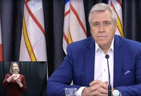 Premier Dwight Ball awaits a question from the media during the Sunday, March 29 COVID-19 availability. Fifteen new presumptive positive cases of COVID-19 in Newfoundland and Labrador were announced Sunday, bringing total to 135. Seven people are in hospital, two in intensive care. 