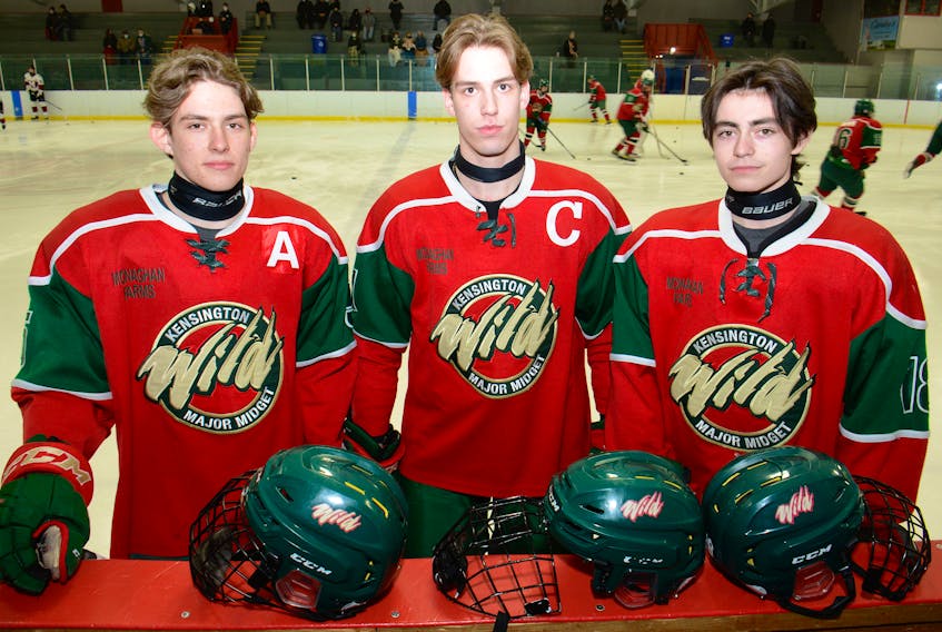 The Kensington Monaghan Farms Wild is looking forward to the Prince Edward Island major under-18 hockey championship series that begins on Saturday. From left are Crosby Andrews, Alex Graham and Brennan Murphy.