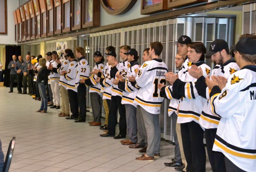 <p>Members of the Cape Breton Screaming Eagles hockey team line up during a team introduction at Saturday’s annual United Way Cape Breton Screaming Eagles Pancake Breakfast at Centre 200 in Sydney.</p>