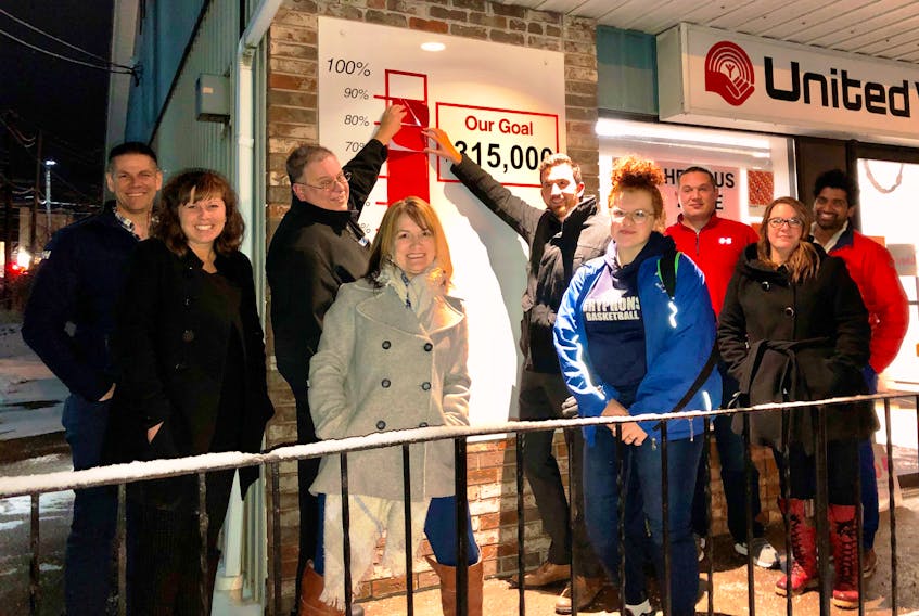Members of United Way of Pictou County Board of Directors proudly updated their thermometer recently. From left are: Aaron Millen; Trudy Teed; Richard Carter; Ginger Fitt; Matt March; Arianna Williams; Russell Borden; Susan Muirhead; and Thivjan Tharma. Missing from photo is Laura Clarke, Kim MacKinnon,  Danielle Millen and Erin Wadden. CONTRIBUTED
