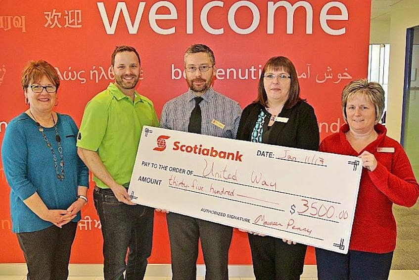 Scotiabank’s Amherst branch recently made its $3,500 corporate donation to the United Way of Cumberland County. United Way campaign chair Curt Gunn (second left) accepts the donation from (from left) Shelley McInnis, Neil Lowry, Janet Tuttle and Christa Gower.