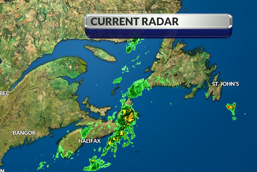 Radar image from July 18 showing a line of showers across Cape Breton, N.S., and an isolated thunderstorm cell south of the Avalon Peninsula, N.L.