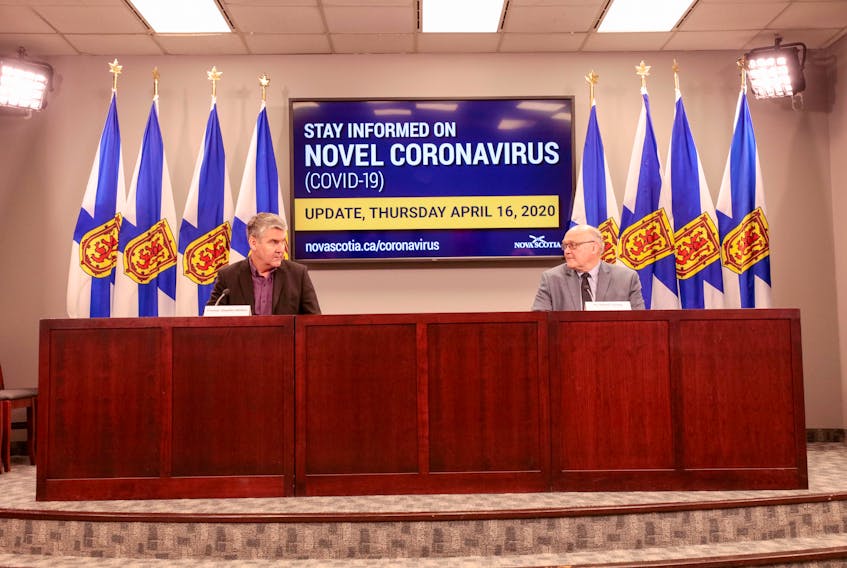 Nova Scotia Premier Stephen McNeil and Dr. Robert Strang, chief medical officer of health, brief the media on COVID -19 developments on Thursday. - Communications Nova Scotia