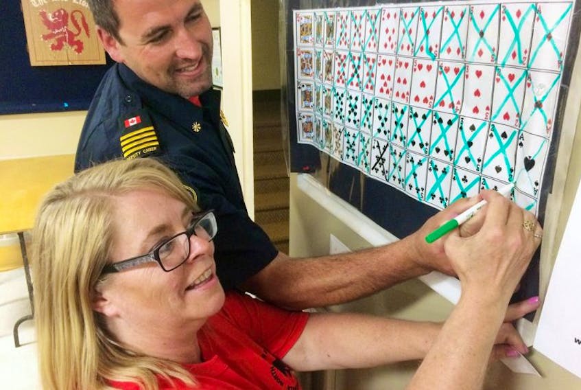 <p><span>Kingston Legion second vice-president Beverly MacEachern and North River Fire Department deputy chief Ron MacLeod cross out the ace of spades from the draw.</span></p>
<div><span><br /></span></div>